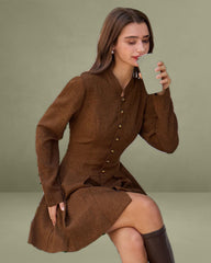 Brown Ruched Button A-Line Mini Dress