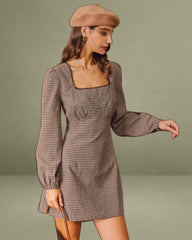 Brown Plaid Square Neck A-line Mini Dress