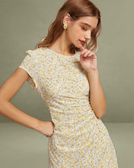 The Yellow Round Neck Floral Midi Dress