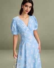 Blue Floral Puffed Sleeve Ruched Midi Dress