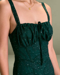 The Green Square Neck Jacquard Slit Midi Dress