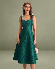 Green Sweetheart Neck Jacquard Midi Dress