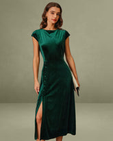 Green Velour A-Line Midi Dress