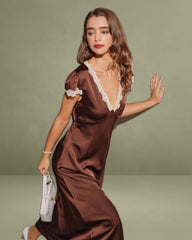 Brown Satin V Neck Lace Maxi Dress