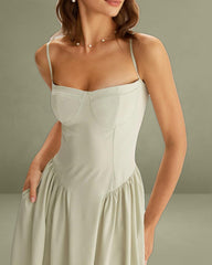 Green Square Neck Pocket Slip Midi Dress