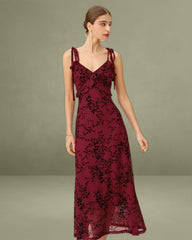 Red Floral Ruffle Slip Midi Dress