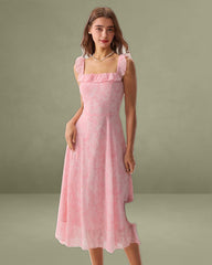 Pink Square Neck Ruffle Midi Dress