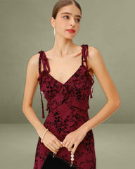 Red Floral Ruffle Slip Midi Dress