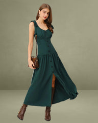 Green Ruched A-Line Sleeveless Maxi Dress