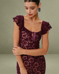 Wine Red Floral Mermaid Midi Dress