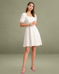 Solid Textured Puff Sleeve Short Dress