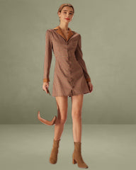 Brown Plaid Spliced Suede Mini Dress