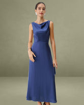 Navy Cowl Neck Satin Sleeveless Maxi Dress