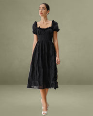 Black Square Neck Puffed Sleeve Midi Dress