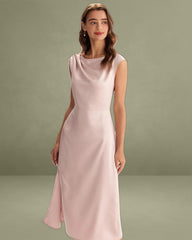 Pink Satin Boat Neck Slit Sleeveless Midi Dress