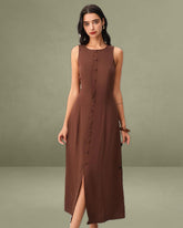 Brown Round Neck Button Sleeveless Maxi Dress