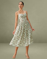 Green Floral Sweetheart Neck Pleated Slip Midi Dress