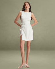 The White Boat Neck Bowknot Satin Mini Dress