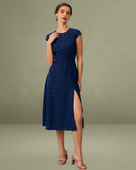 The Navy Round Neck Polka Dot Cutout Midi Dress