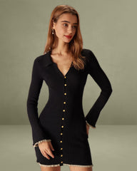 Black V-Neck Contrast Trim Knitted Mini Dress