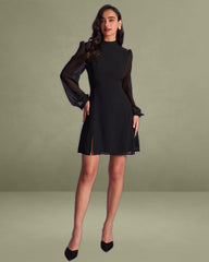 The Black Stand Collar Sheer Slit Mini Dress
