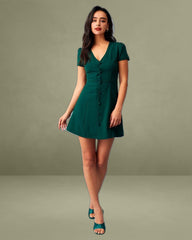 The Dark Green V Neck Button-up Shirt Mini Dress