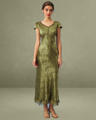 Green Jacquard Cap Sleeve Satin Midi Dress