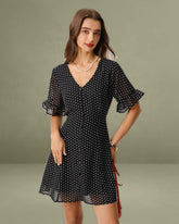 Black Polka Dot V Neck Ruffle Mini Dress
