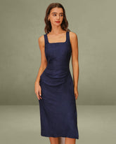 Navy Square Neck Slit Sleeveless Midi Dress