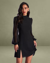The Black Stand Collar Sheer Slit Mini Dress