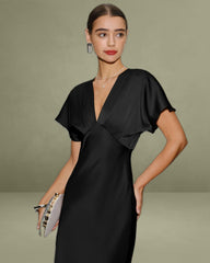 Black Satin V Neck Cowl Sleeve Midi Dress