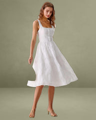 White Jacquard Shirred Slip Midi Dress