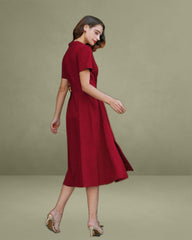 Red A-Line Pleated Button Midi Dress
