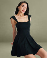 Black Square Neck Pleated Mini Dress