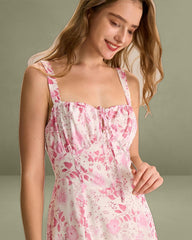 The Pink Square Neck Floral Ruched Midi Dress