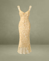 Yellow Floral Ruched Ruffle Midi Dress