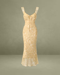 Yellow Floral Ruched Ruffle Midi Dress