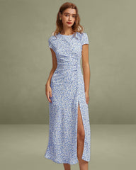 The Blue Round Neck Floral Slit Midi Dress