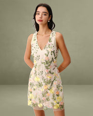 Yellow V Neck Floral Sleeveless Mini Dress