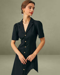 The Black V Neck Button Puff Sleeve Midi Dress