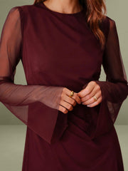 Wine Red Boat Neck Mesh Mini Dress