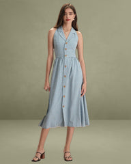 The Blue Lapel Plaid Sleeveless Shirt Midi Dress
