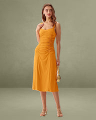 Orange Ruched Knitted Slip Midi Dress