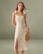 Yellow Floral Shirred Slip Midi Dress