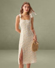 Yellow Floral Shirred Slip Midi Dress