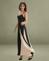 Women's Black Contrasting Pleated Slip Maxi Dress