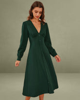 Green Ruched Button Midi Dress