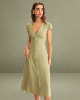 Green V-Neck Button Midi Dress