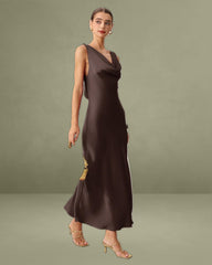 Coffee Satin Cowl Neck Maxi Dress