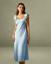 Blue Square Neck Ruffle Satin Midi Dress